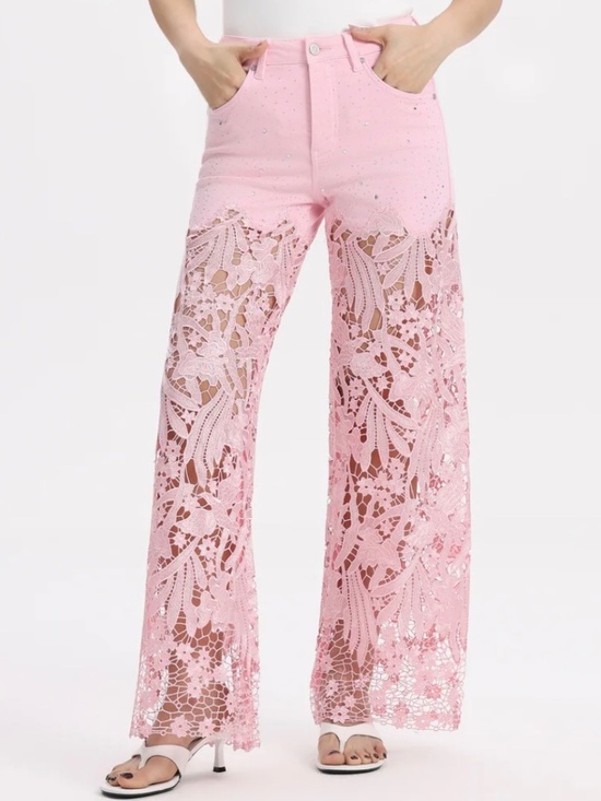 BAYEAS Denim - PINK HIGH WAIST CRYSTAL EMBELLISHED CURVE HUGGING WIDE LEG LACE JEANS